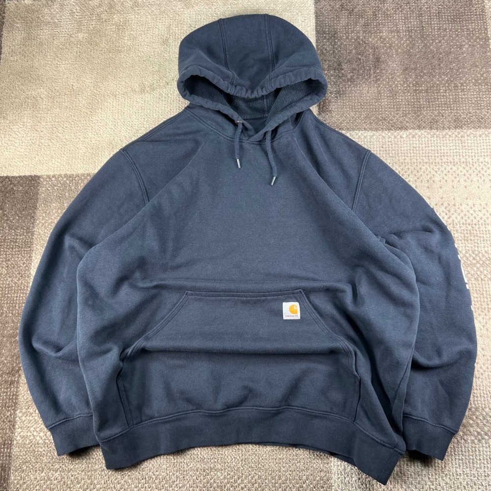 Carhartt Mens XL Original Fit Pullover Hoodie Navy Blue Graphic Sleeve Hit